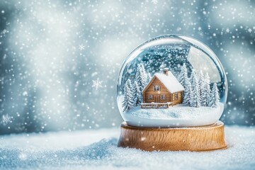 Boule à neige chalet en bois entouré de sapins sous la neige