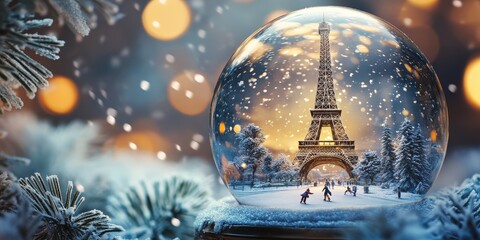 Boule à neige tour Eiffel illuminée avec neige et patineurs