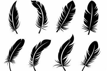 Feather icon, animal feathers isolated, black plume symbol, minimal plume silhouette on white