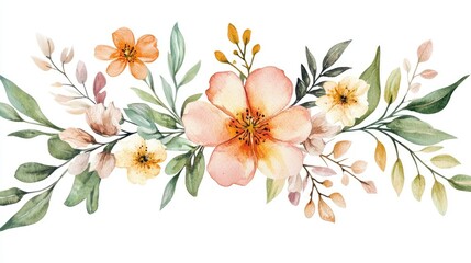 Watercolor floral arrangement with peach, yellow, and green flowers and leaves on a white background.