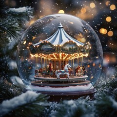 Boule à neige carrousel illuminé dans un paysage hivernal