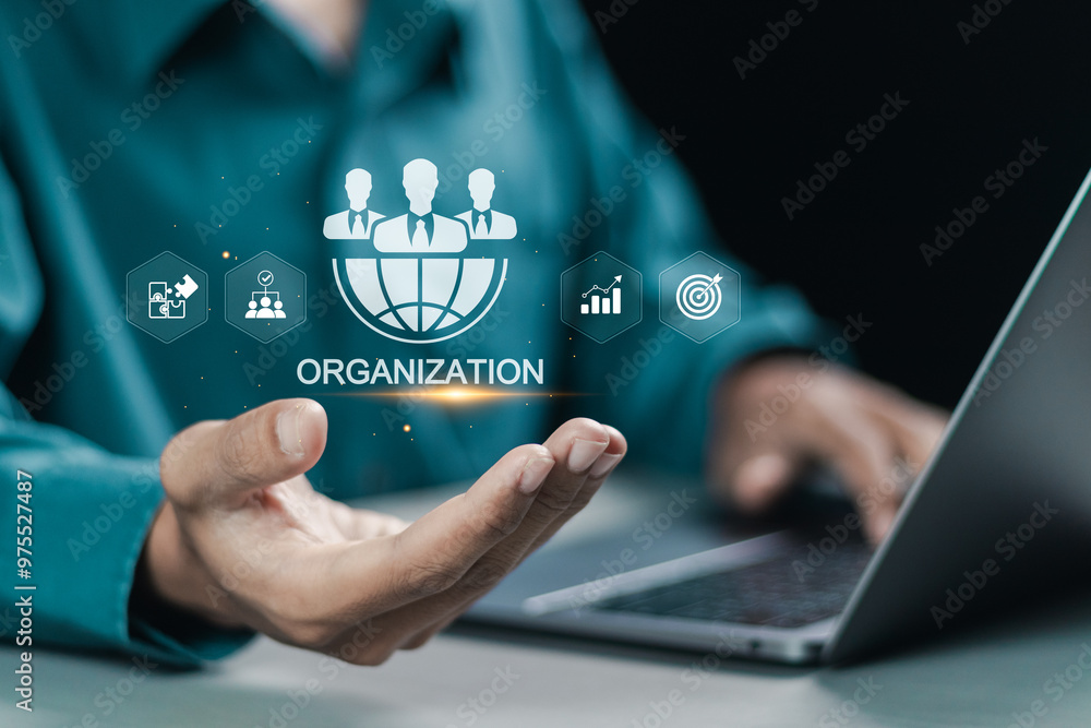 Poster businessman using laptop with organization icon on virtual screen for teamwork, structure, hierarchy