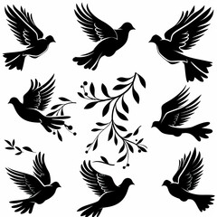Fototapeta premium Peace dove graffiti, pigeons, twigs ink illustration. Flying birds silhouettes monochrome flat icons