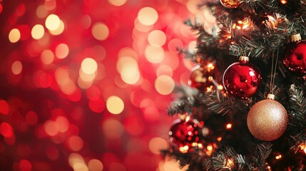 Obraz premium Close-up of a decorated Christmas tree with red and gold ornaments against a red bokeh background.