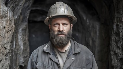 Fototapeta premium A Miner in a Helmet and Work Clothes, With a Beard and a Dirty Face