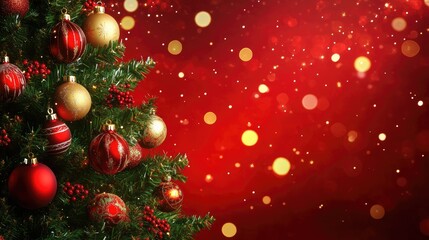 Obraz premium A beautifully decorated Christmas tree with red and gold ornaments against a red background with bokeh lights.