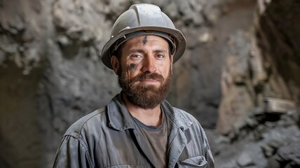 A Miner in a Helmet and Work Clothes, With a Beard and a Dirty Face
