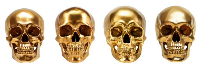 Four gold skulls lined up in a row, isolated on a white background, showcasing a metallic and eerie aesthetic.