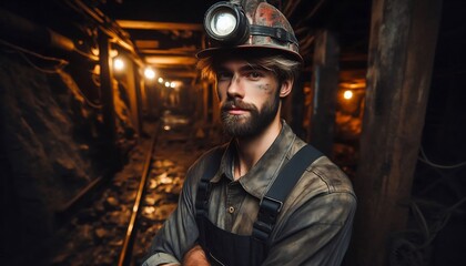 A Miner in a Helmet and Work Clothes, With a Beard and a Dirty Face