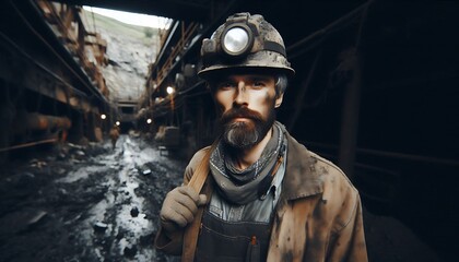 A Miner in a Helmet and Work Clothes, With a Beard and a Dirty Face