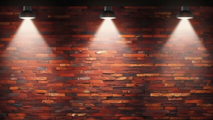 Industrial and rustic interior with textured brick wall in red, brown, dark orange, and three black dome ceiling lights casting bright beams, highlighting texture and color, generative ai
