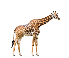 African giraffe isolated on white background. Side view.
