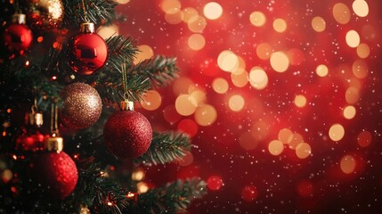 Close-up of a decorated Christmas tree with red and gold ornaments against a red bokeh background with falling snow.
