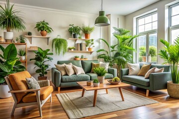 Obraz premium Interior of living room with green houseplants and sofas
