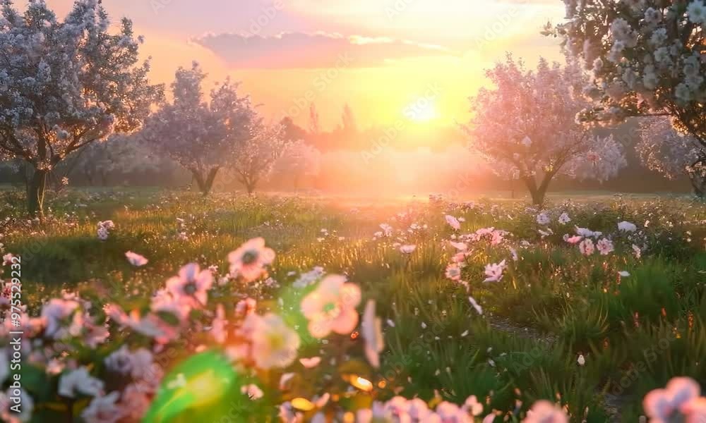 Canvas Prints Radiant sunrise over a blooming orchard, Video