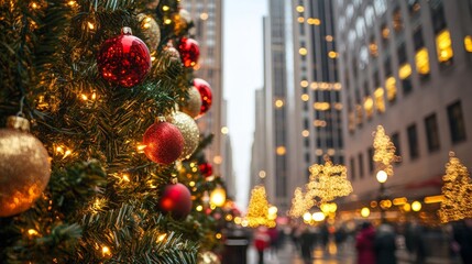 Christmas tree branches adorned with shiny red and gold baubles, with blurred city lights and people in the background.