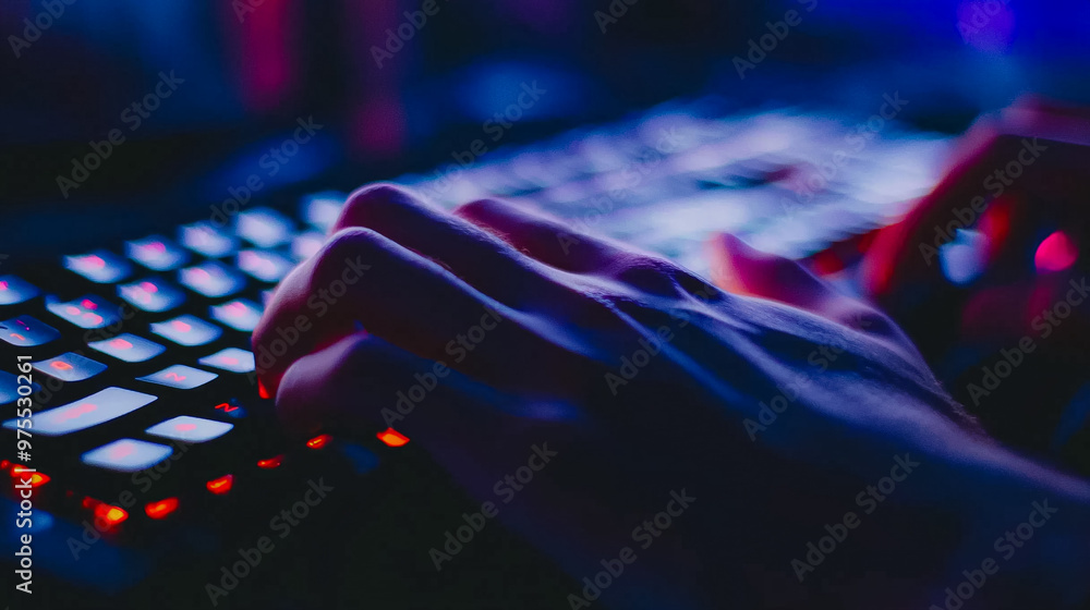 Poster a person is typing on a keyboard with red keys