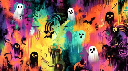 Explore a lively Halloween backdrop featuring playful ghosts and pumpkins with a striking graffiti style that captures the festive spirit