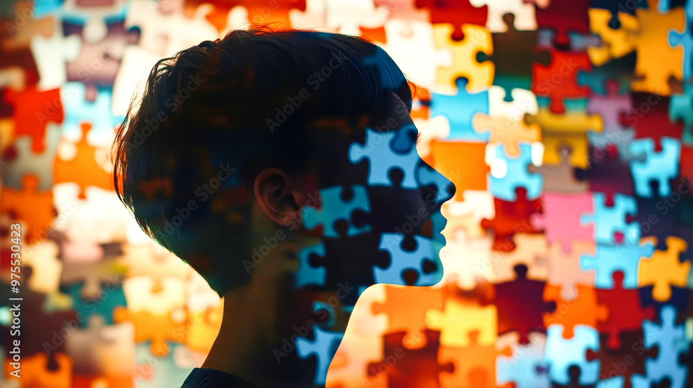 Poster a person stands in profile, their silhouette merging with a colorful puzzle wall, symbolizing comple