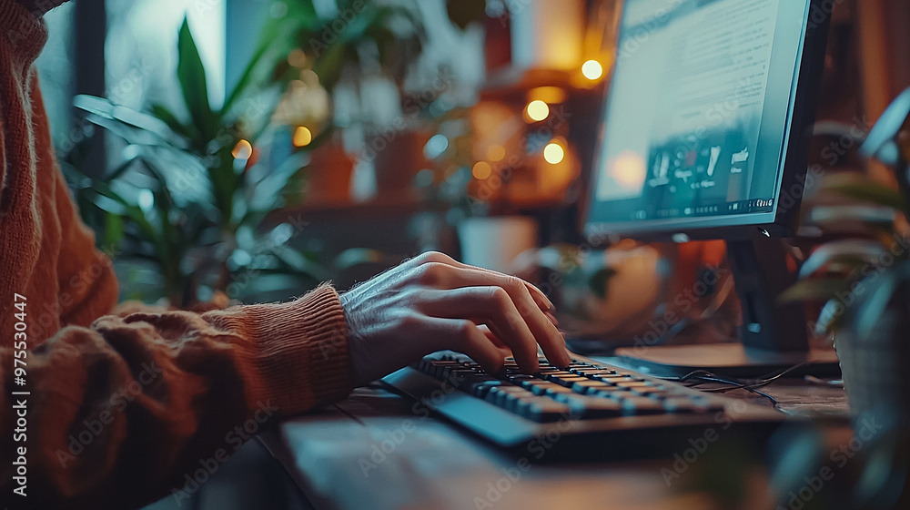 Aufkleber a person is typing on a computer keyboard in front of a plant