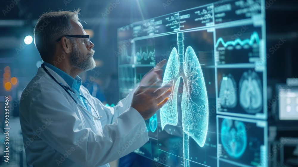 Poster a doctor is looking at a computer screen with a lung image