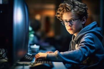A young boy is sitting in front of a computer monitor, wearing glasses