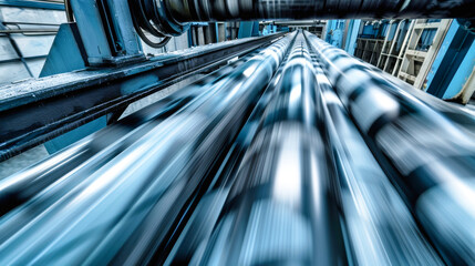 High-speed motion blur of black rolls in a newspaper printing press reveals the dynamic process of printing in an industrial factory setting