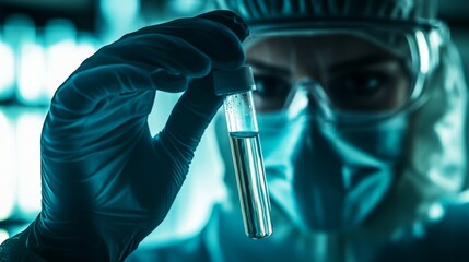 Scientist holding a sample of bacteria in a test tube conducting medical research and healthcare study Doctor wearing gloves examining a legionella sample up close as part of a scientific