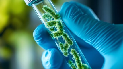 Scientist holding a sample of bacteria in a test tube conducting medical research and healthcare study Doctor wearing gloves examining a legionella sample up close as part of a scientific