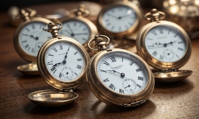 There is a collection of beautiful pocket watches resting on a wooden table