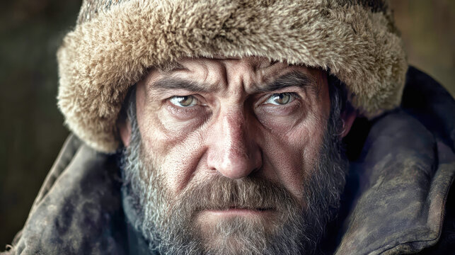 With piercing eyes and a weathered face, a bearded man dons a heavy winter hat, showcasing the struggles of camp life during a cold winter day