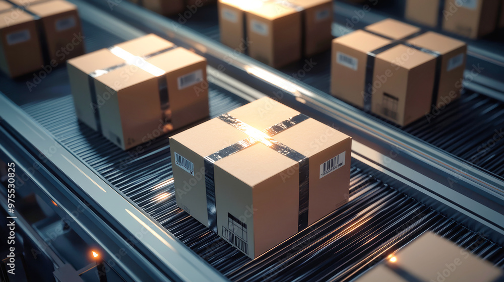 Poster a conveyor belt transports neatly arranged boxes in a contemporary warehouse setting, showcasing eff