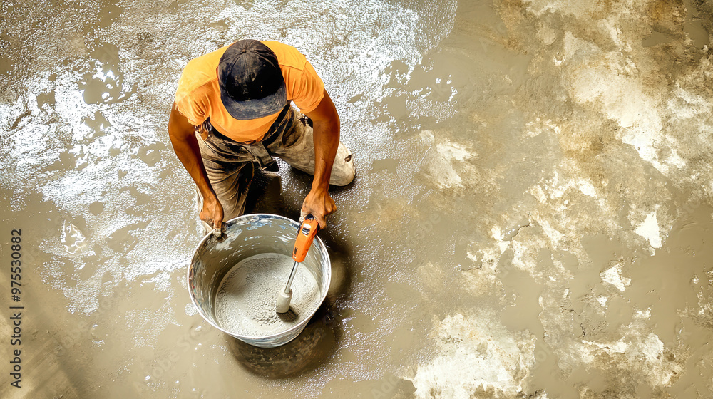 Poster a construction worker focuses on mixing mortar with an electric drill, creating a smooth solution in