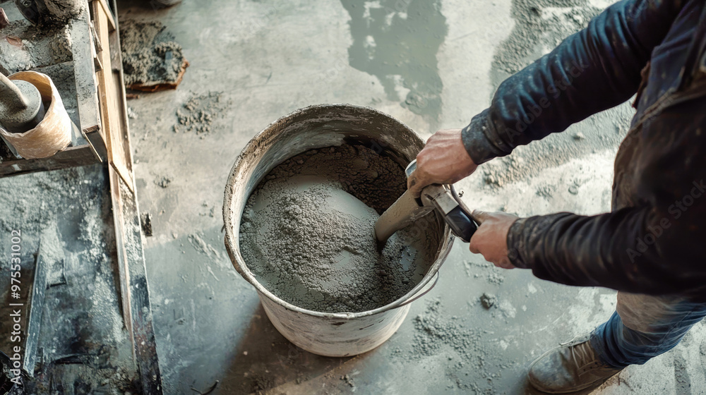 Poster the worker diligently blends the cement solution using an electric mixer, creating a smooth and cons