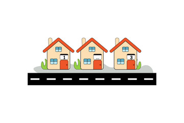 Cheerful illustration of three small houses with numbers. Perfect for children's books, educational materials, or counting games