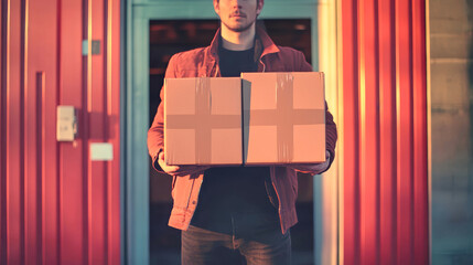 A delivery professional confidently holds two cardboard boxes in front of a bright warehouse door, showcasing dedication, precision, and a vibrant work environment