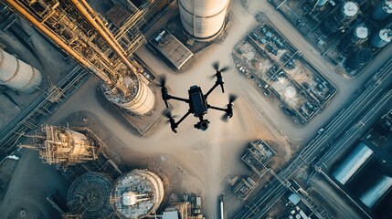 Industrial drone flying over a factory complex