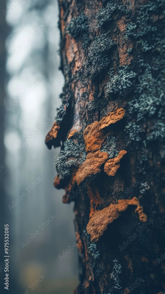 Poster close-up of tree bark with moss and lichens in a misty forest, nature texture concept