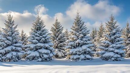 A row of snow-covered pine trees stand tall against a clear blue sky with fluffy white clouds.