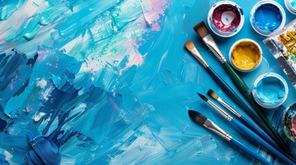 Paintbrushes and paint pots on canvas with blue and white strokes.