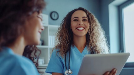 Smile, woman and nurse with tablet at hospital for Telehealth consultation, healthcare charts or medical information. Happy, female person and digital for appointment schedule, adn and reading report