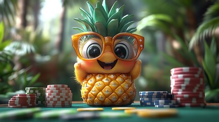 A cute pineapple wearing glasses and sitting at a poker table with chips.