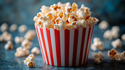 red and white striped popcorn box filled with fresh, warm popcorn on an abstract vintage wall background.	