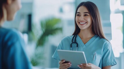 Smile, woman and nurse with tablet at hospital for Telehealth consultation, healthcare charts or medical information. Happy, female person and digital for appointment schedule, adn and reading report