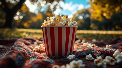 Freshly popped popcorn in a classic red and white striped bucket, cinema movie snack in park on blanket