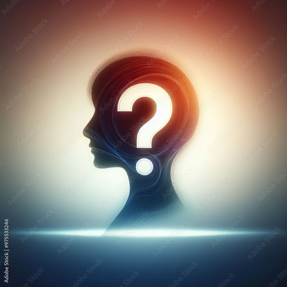 Poster a digital illustration of a human head silhouette with a question mark at its center, representing a
