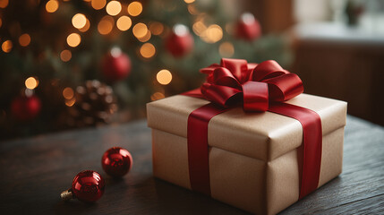 Christmas present with red ribbon and bow on wooden table, blurred background of garland lights and pine branches