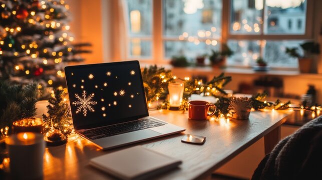 A cozy workspace with a laptop showing a snowflake on screen, surrounded by Christmas decorations and warm string lights in a home office setting.