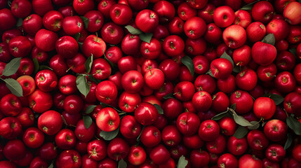 A pile of fresh apples with leaves and water drops, arranged in an overhead view create fruit background	
