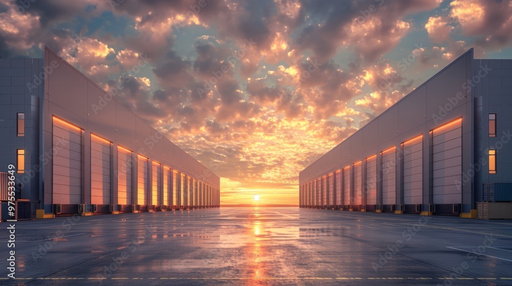 Poster a large empty warehouse with a sunset in the background